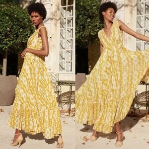 Mes Demoiselles Paris Yellow Gauze Maxi Sun Summer Dress V-Neck Ruffle 36 4 S